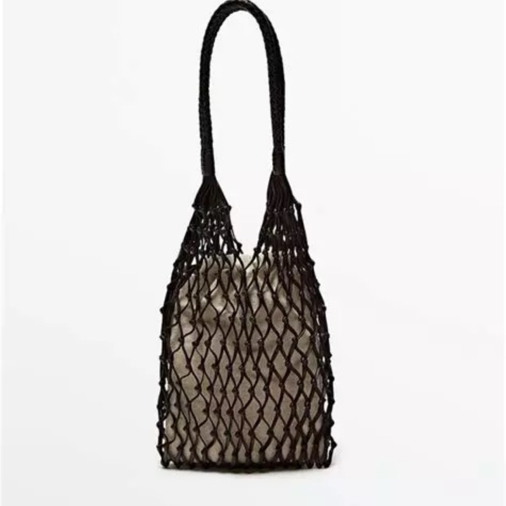 Massimo Dutti Nappa leather mesh bag + Linen pouch in Black